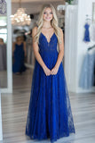 Royal Blue Lace Spaghetti Straps V-Neck A Line Floor Length Prom Dress