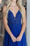 Royal Blue Lace Spaghetti Straps V-Neck A Line Floor Length Prom Dress