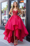 Red Taffeta Ruffled Strapless Corset High-Low Prom Dress