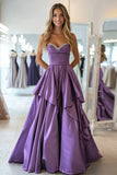 A Line Plum Strapless Taffeta Ruffles Long Prom Dress with Beading