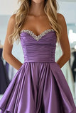 A Line Plum Strapless Taffeta Ruffles Long Prom Dress with Beading