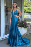 Peacock Mermaid Satin V-Neck Sweep train Prom Dress