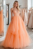 Princess Ball Gown Orange Sweetheart Tulle Tiered Long Prom Dress