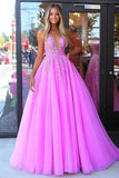 Fuchsia Corset Ball Gown V-Neck Applique Long Prom Dress