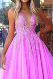 Fuchsia Corset Ball Gown V-Neck Applique Long Prom Dress