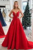 Red A Line Strapless Satin Pleated Maxi Prom Dress with Applique