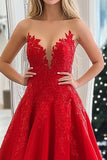 Red A Line Strapless Satin Pleated Maxi Prom Dress with Applique