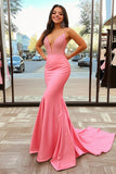 Pink Deep V-Neck Mermaid Satin Sweep Train Prom Dress