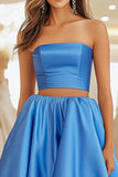 2 Piece Strapless Ball Gown Blue High-Low Satin Long Prom Dress