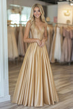 Gold Sweetheart Strapless Satin A Line Prom Dress with Beading