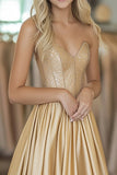 Gold Sweetheart Strapless Satin A Line Prom Dress with Beading