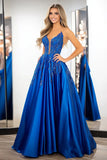 Royal Blue Ball Gown Satin Maxi Prom Dress with Appliques