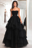 Black Ball Gown Tulle Tiered Strapless A Line Prom Dress