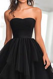 Black Ball Gown Tulle Tiered Strapless A Line Prom Dress