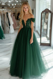 Dark Green Corset Off the Shoulder Tulle A Line Prom Dress with Applique