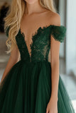 Dark Green Corset Off the Shoulder Tulle A Line Prom Dress with Applique