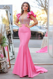 Mermaid Pink Deep V-Neck Beaded Sweep Train Prom Dress with Ruffles