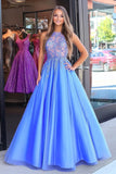 Ball Gown Blue Halter Tulle Floor Length Prom Dress with Appliques