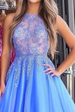 Ball Gown Blue Halter Tulle Floor Length Prom Dress with Appliques