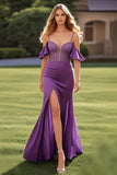 Sparkly Plum Cold Shoulder Beaded Corset Sheath Prom Dress with Slit