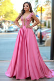 Princess Pink A Line V-Neck Floor Length Prom Dress with 3D Flower