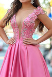 Princess Pink A Line V-Neck Floor Length Prom Dress with 3D Flower