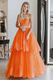 2 Piece Orange Ball Gown Lace Strapless Tiered Floor Length Prom Dress