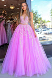 2 Piece Ball Gown Fuchsia Floral Floor Length Prom Dress with Lace Applique