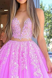 2 Piece Ball Gown Fuchsia Floral Floor Length Prom Dress with Lace Applique