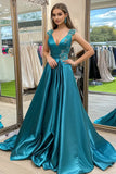 Peacock Satin A Line V-Neck Floor Length Prom Dress with 3D Flower