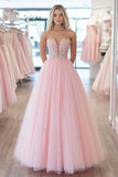 Pink Sparkly Corset Strapless Tulle A Line Prom Dress