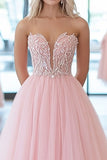 Pink Sparkly Corset Strapless Tulle A Line Prom Dress