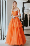 A Line Lace Orange Sweetheart Strapless Tiered Long Prom Dress