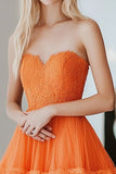 A Line Lace Orange Sweetheart Strapless Tiered Long Prom Dress