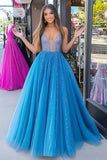 Sparkly Blue Ball Gown V Neck Tulle Long Prom Dress