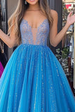 Sparkly Blue Ball Gown V Neck Tulle Long Prom Dress