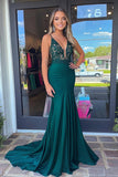 Dark Green V Neck Sheath Sweep Train Prom Dress with Lace Applique