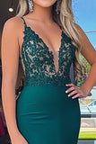 Dark Green V Neck Sheath Sweep Train Prom Dress with Lace Applique