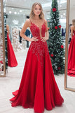 Red Sparkly Satin V-Neck Long Prom Dress with Lace Applique