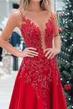 Red Sparkly Satin V-Neck Long Prom Dress with Lace Applique