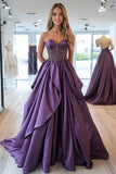 Princess Plum Sweetheart Ball Gown Ruffled Prom Dress with Beading