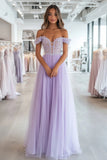 A Line Tulle Lilac Corset Off the Shoulder Applique Long Prom Dress