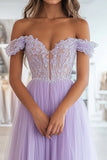 A Line Tulle Lilac Corset Off the Shoulder Applique Long Prom Dress