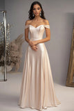 Elegant Champagne Off the Shoulder A Line Floor Length Prom Dress