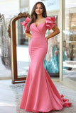 Pink Satin V Neck Mermaid Ruffled Long Prom Dress