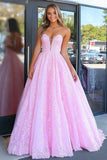 Lace Applique Pink Strapless Ball Gown Long Corset Prom Dress