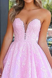 Lace Applique Pink Strapless Ball Gown Long Corset Prom Dress