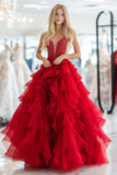 Sparkly Red Tulle Ruffles Corset Prom Dress with Beading