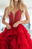 Sparkly Red Tulle Ruffles Corset Prom Dress with Beading