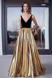 Black Gold Metallic A Line Pleated Floor Length Prom Dress